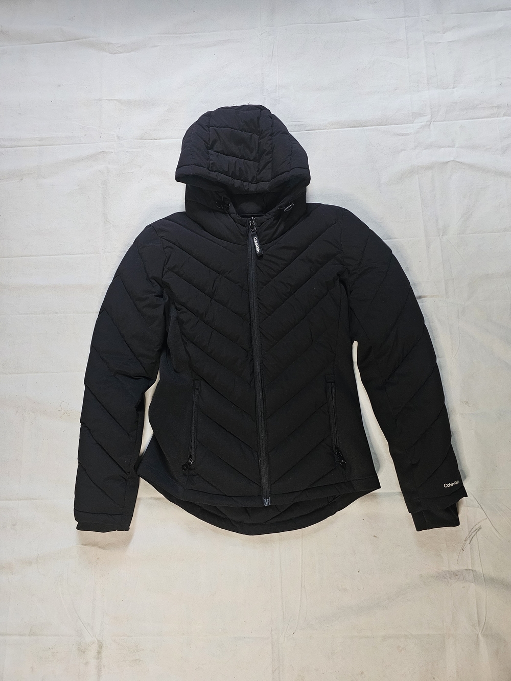 Calvin Klein Black Hooded Chevron Quilted Puffer Jacket
